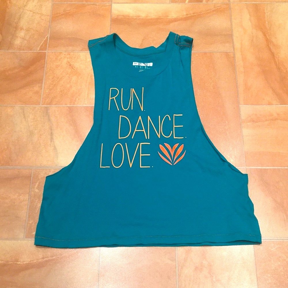 Forever 21 Women’s Blue Graphic Run Dance Love Muscle Tank Top- Side Cutouts